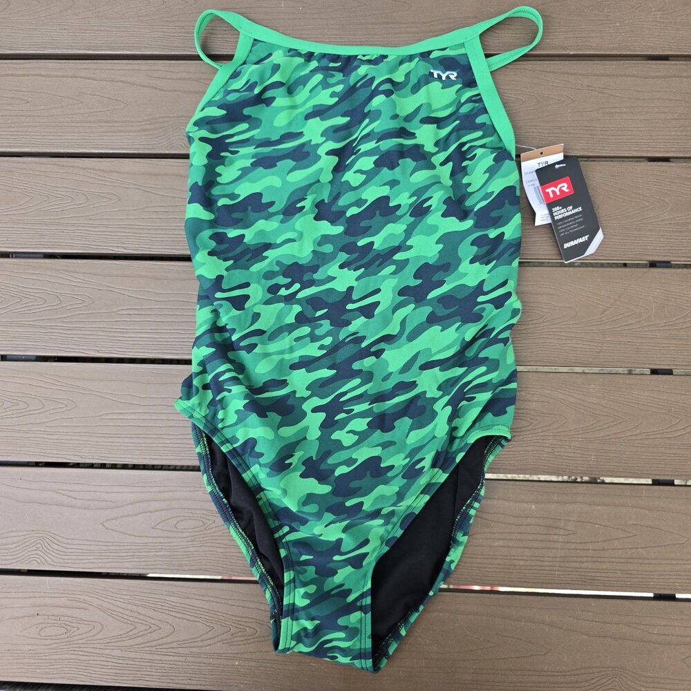 TYR Durafast Elite Women's Green Camo Diamondfit One Piece Swim Sz 38 New
